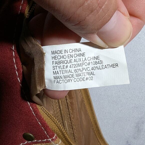 Vtg Y2K Mudd Tan Red Patchwork Suede Whipstitch Detail Top Zip Shoulder Bag - Picture 6 of 6